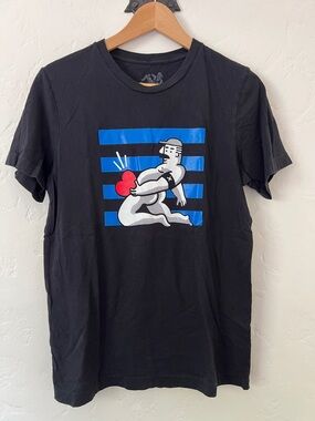 Men's Black Graphic Crew Neck T-Shirt with Blue Stripes and Red Heart